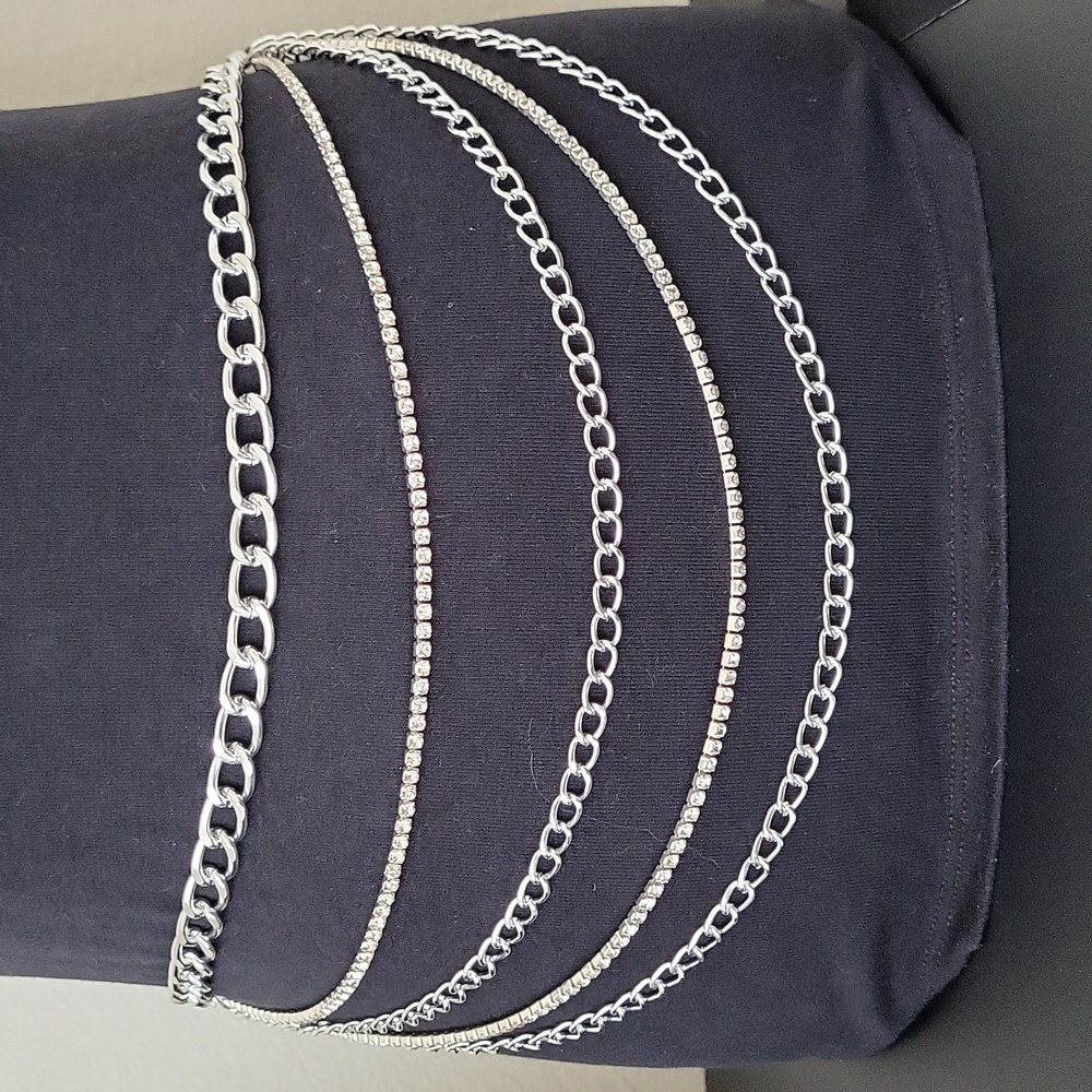 Rhinestone Chain & Silver Tone Chain Layered Belt   32"